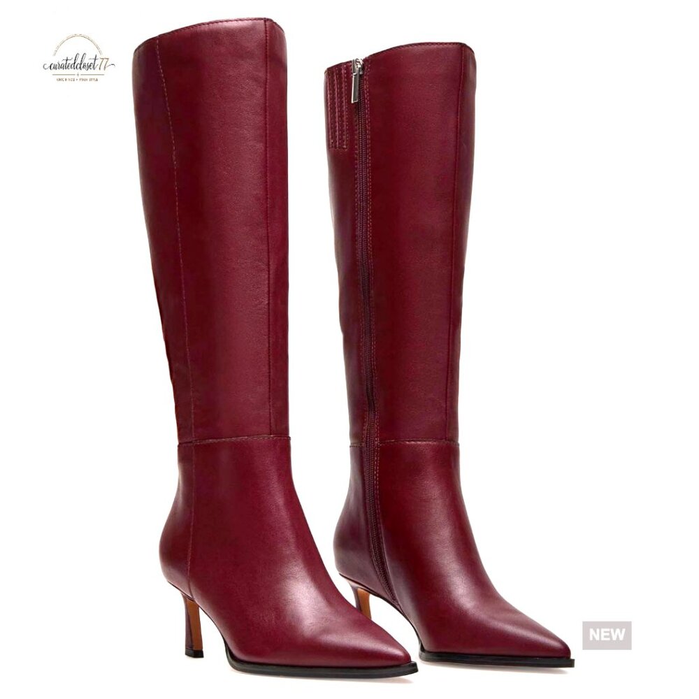 Kitten Heel Knee High Boots Side Zipper Pointed Toe Leather Look Dress Boots